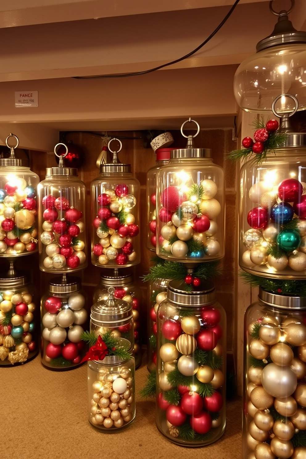 A cozy basement corner features a charming mini Christmas tree adorned with twinkling white lights and colorful ornaments. Surrounding the tree are festive decorations, including garlands and stockings hung on a rustic wooden shelf.