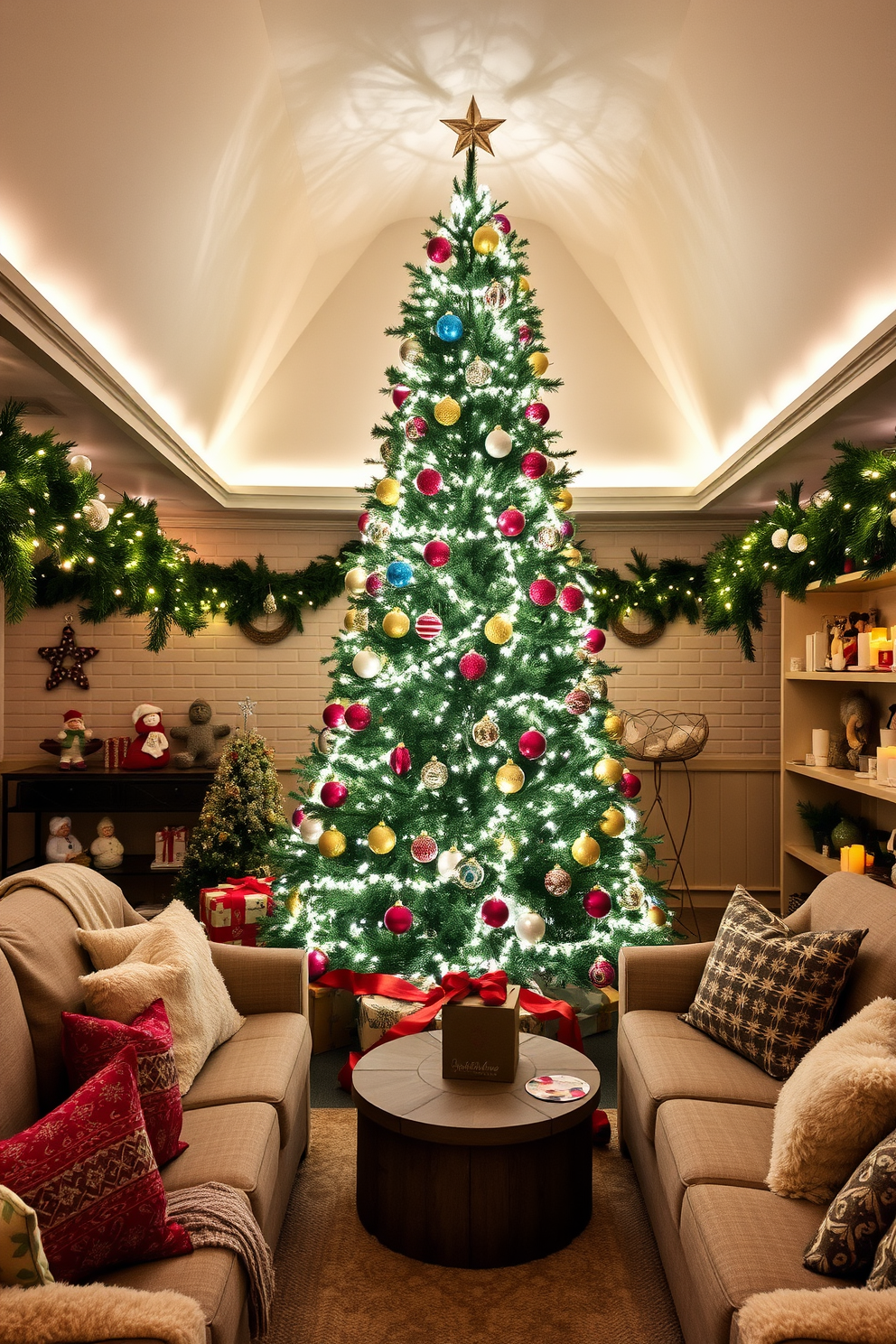 A cozy hot cocoa station is set up in the corner of the basement, featuring a rustic wooden table adorned with a festive tablecloth. Colorful mugs with holiday designs are neatly arranged, alongside a variety of toppings like marshmallows, peppermint sticks, and whipped cream. The walls are decorated with twinkling string lights and cheerful holiday garlands, creating a warm and inviting atmosphere. Plush seating with soft blankets invites family and friends to gather around and enjoy the festive drinks together.