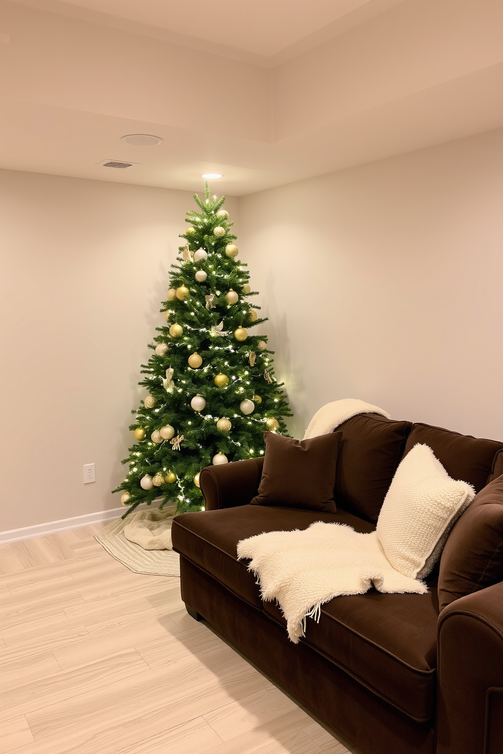 A beautifully decorated staircase railing adorned with a lush green garland intertwined with twinkling white lights. The garland is accented with pinecones and red berries, creating a warm and festive atmosphere for the holiday season. In the basement, a cozy seating area is enhanced with festive throw pillows and a small Christmas tree. The space is illuminated with soft string lights, adding a cheerful glow to the holiday decorations.