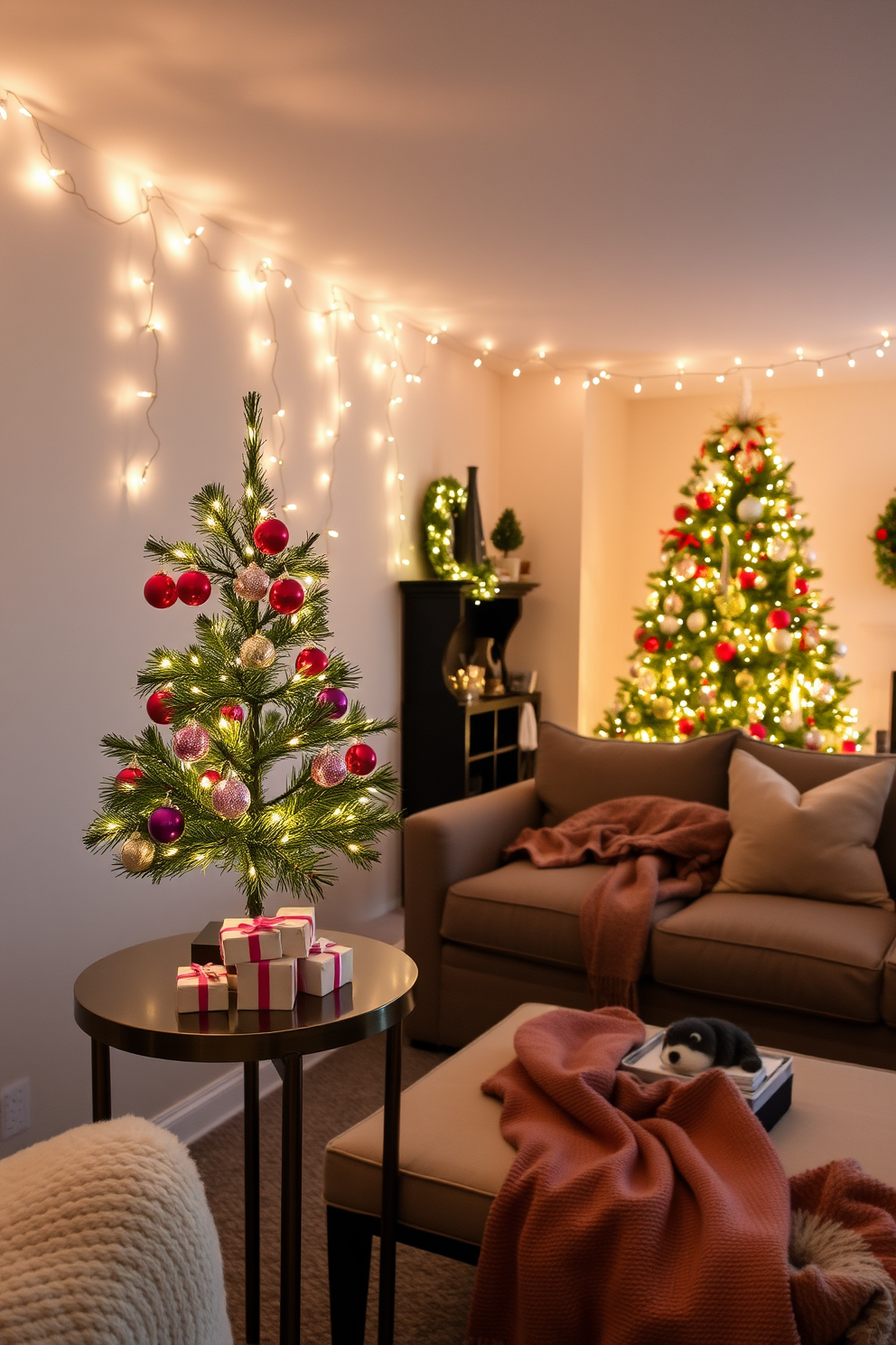 The couch is adorned with themed holiday pillows featuring festive designs in vibrant colors. The pillows add a warm and inviting touch to the cozy basement space, enhancing the cheerful atmosphere of Christmas decorating ideas.