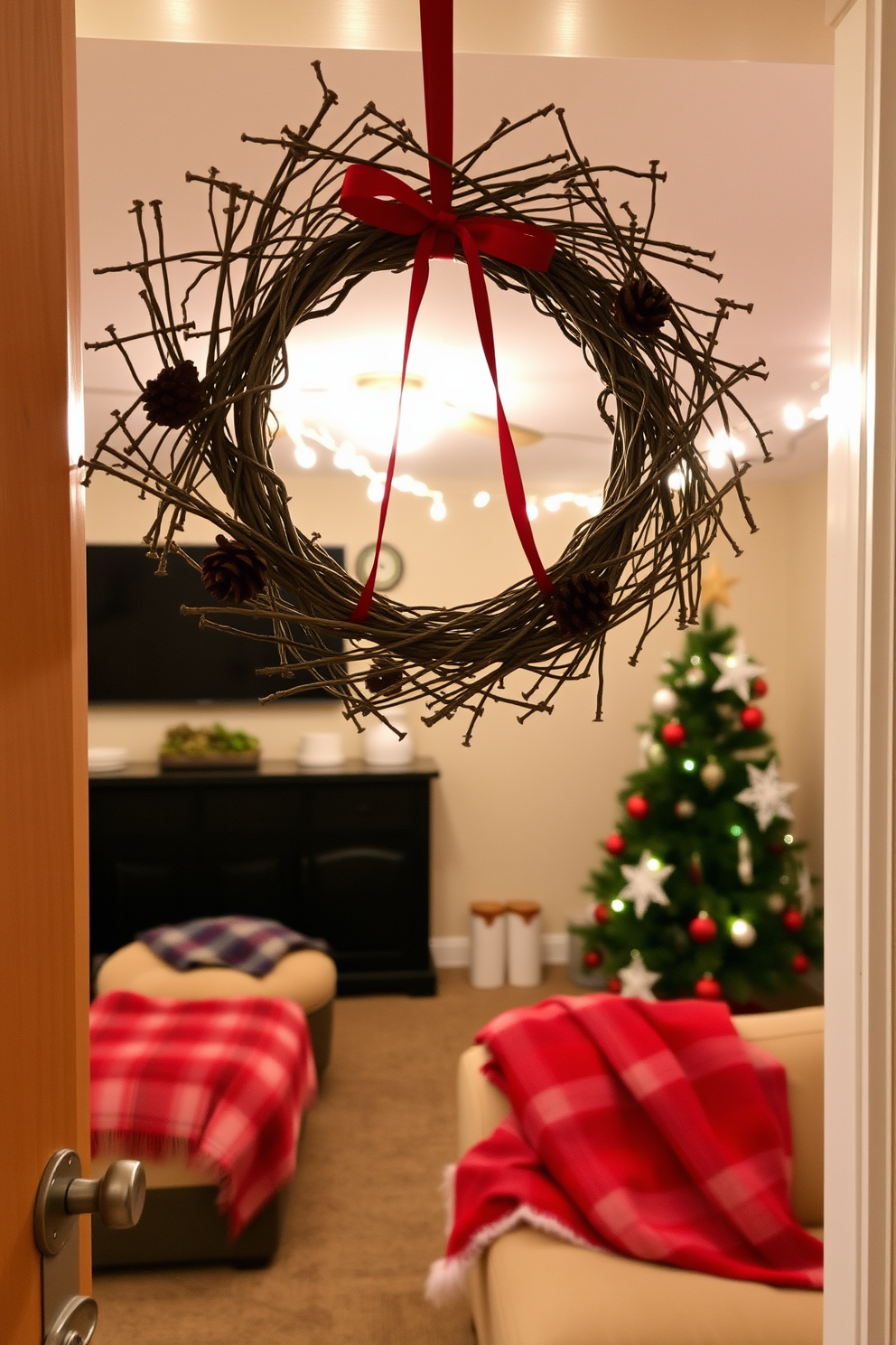 A cozy basement setting adorned with colorful ornaments displayed in various glass jars. The jars are filled with vibrant baubles and twinkling lights, creating a festive atmosphere perfect for holiday gatherings.