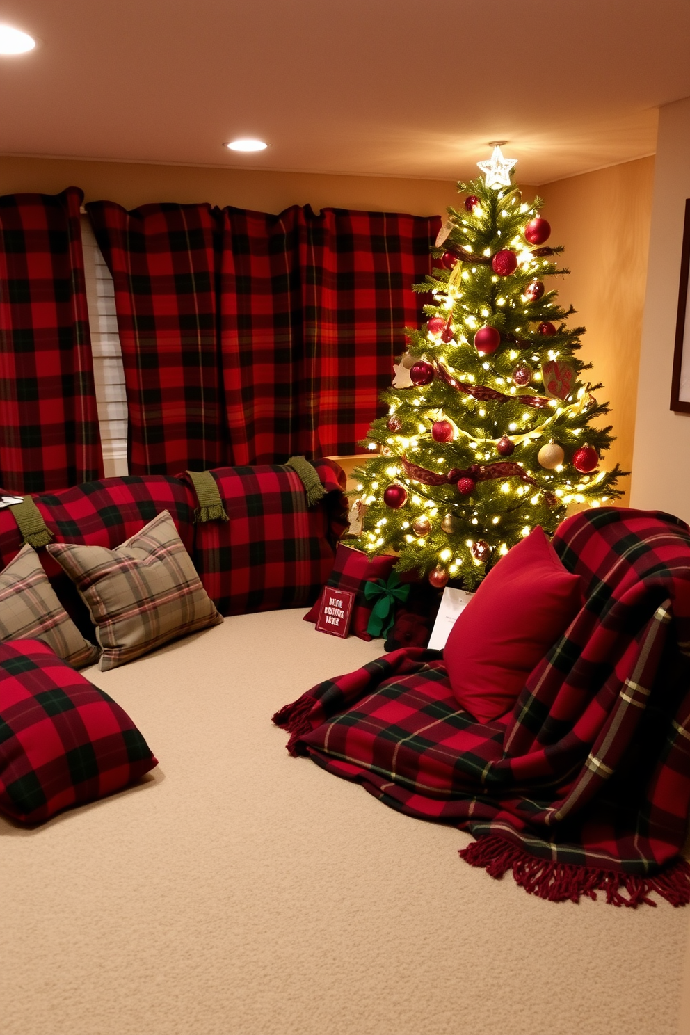 A cozy basement space adorned with snowflake decorations hanging gracefully from the ceiling. The walls are painted in a warm beige tone, and the floor is covered with a plush, deep red carpet, creating a festive atmosphere.