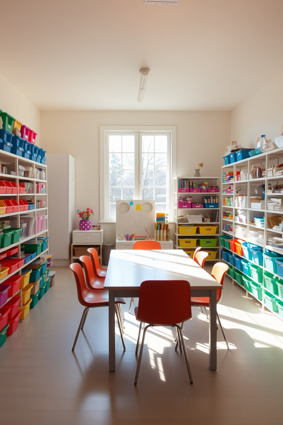 A creative art studio filled with natural light. Large windows allow sunlight to flood the space, illuminating the colorful artwork and supplies scattered throughout the room. The walls are adorned with various pieces of art in different styles, showcasing the artist's versatility. A large easel stands in the center, surrounded by a wooden table covered in paint tubes and brushes.