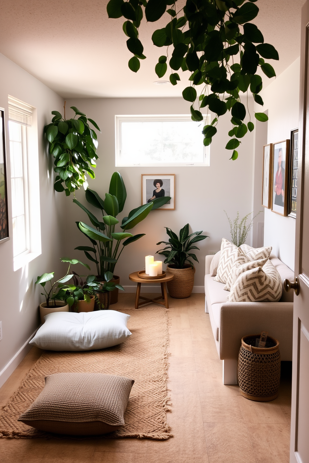 A serene meditation corner featuring lush green plants and natural light streaming in through a nearby window. The space includes a comfortable floor cushion, a small table for candles, and a calming color palette of soft blues and earthy tones. A cozy basement design with a warm atmosphere, incorporating soft lighting and plush seating arrangements. The area is adorned with textured rugs, wall art that reflects personal interests, and built-in shelving for books and decor.