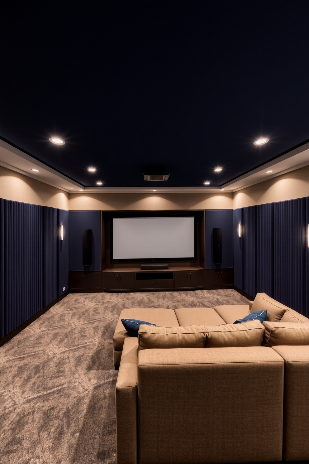 A sleek media room designed for ultimate entertainment. The walls are lined with soundproof panels in a deep navy blue, and a large sectional sofa faces a state-of-the-art projector screen. Recessed lighting illuminates the space, creating a cozy atmosphere. A custom-built entertainment center houses all the latest technology while maintaining a clean and modern aesthetic.