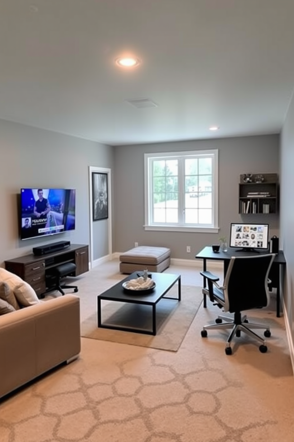 A versatile multi-purpose basement space designed for various activities. The area features a comfortable sectional sofa, a large coffee table, and a wall-mounted entertainment center for movie nights. In one corner, a sleek home office setup with a modern desk and ergonomic chair provides a productive workspace. The walls are painted in a light gray tone, and large windows allow natural light to fill the room, enhancing the inviting atmosphere.