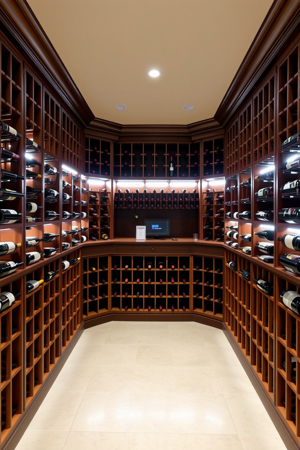 Chic wine cellar with climate control featuring elegant wooden racks that display an extensive selection of wine bottles. The walls are adorned with rich mahogany paneling and ambient lighting creates a warm, inviting atmosphere.