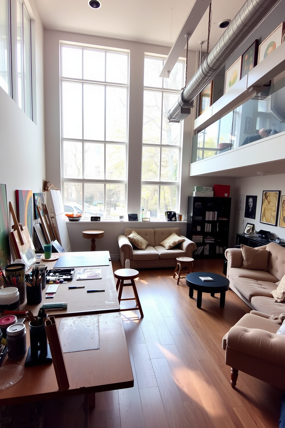 A bright and airy art studio filled with ample natural light streaming through large windows. The walls are adorned with vibrant artwork, and a spacious wooden table is cluttered with paint supplies and brushes. A cozy basement designed for relaxation and entertainment. Soft lighting illuminates a comfortable seating area with plush sofas, while a small kitchenette offers convenience for snacks and drinks.