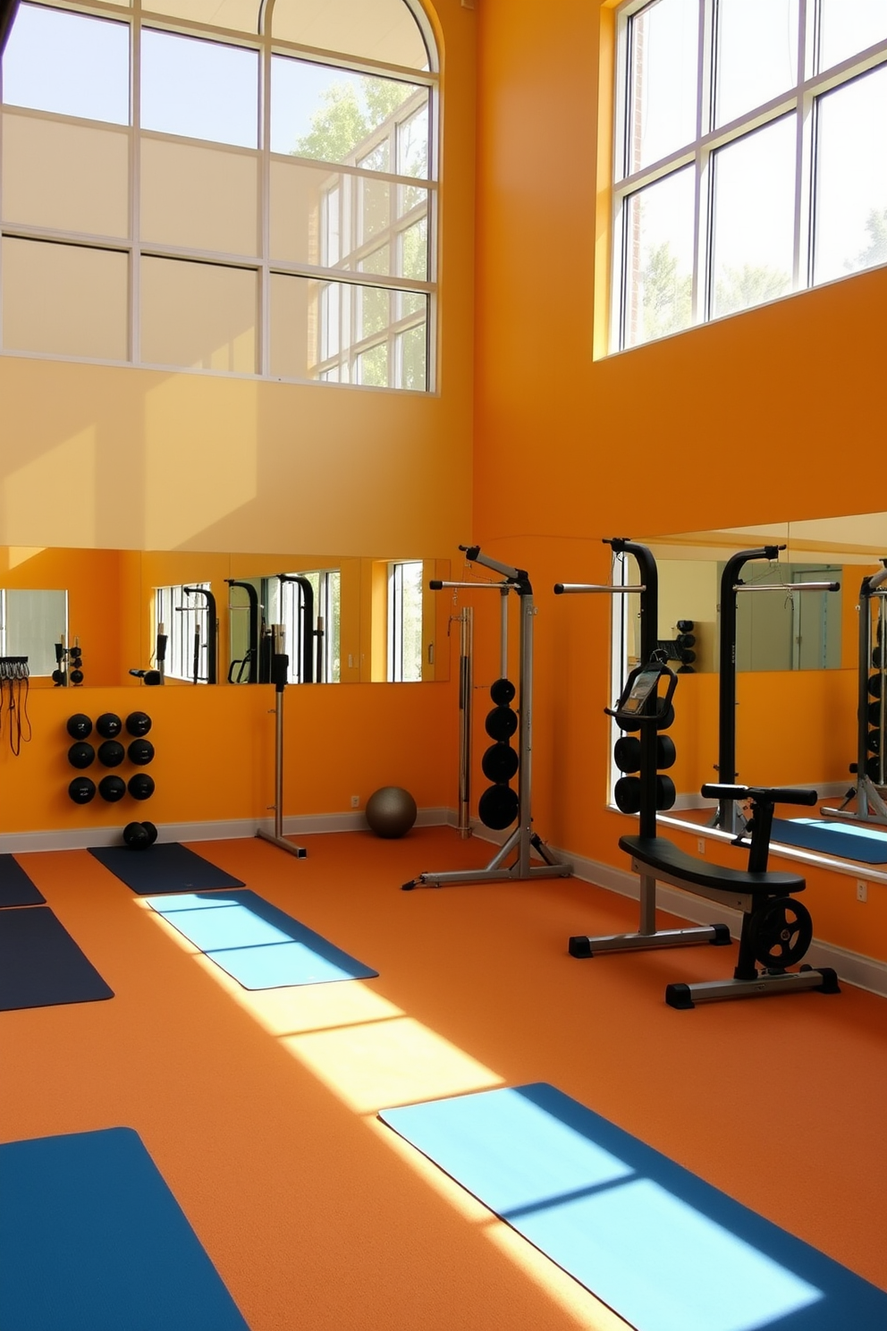 Bright workout area with yoga mats. The space is illuminated by large windows that let in natural light, creating an inviting atmosphere for exercise. The walls are painted in a vibrant color to energize the room, and the flooring is a soft, durable material ideal for workouts. Various fitness equipment is neatly arranged, and a wall-mounted mirror enhances the sense of space and allows for monitoring form during exercises.