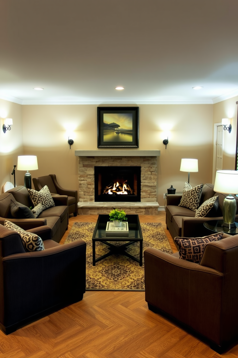 An inviting fireplace is the focal point of a cozy basement gathering space. Surrounding the fireplace are comfortable seating options, including plush sofas and armchairs, arranged to encourage conversation and warmth. The walls are adorned with soft, warm colors to create a welcoming atmosphere. A stylish coffee table sits in the center, complemented by ambient lighting from floor lamps and wall sconces, enhancing the inviting feel of the space.