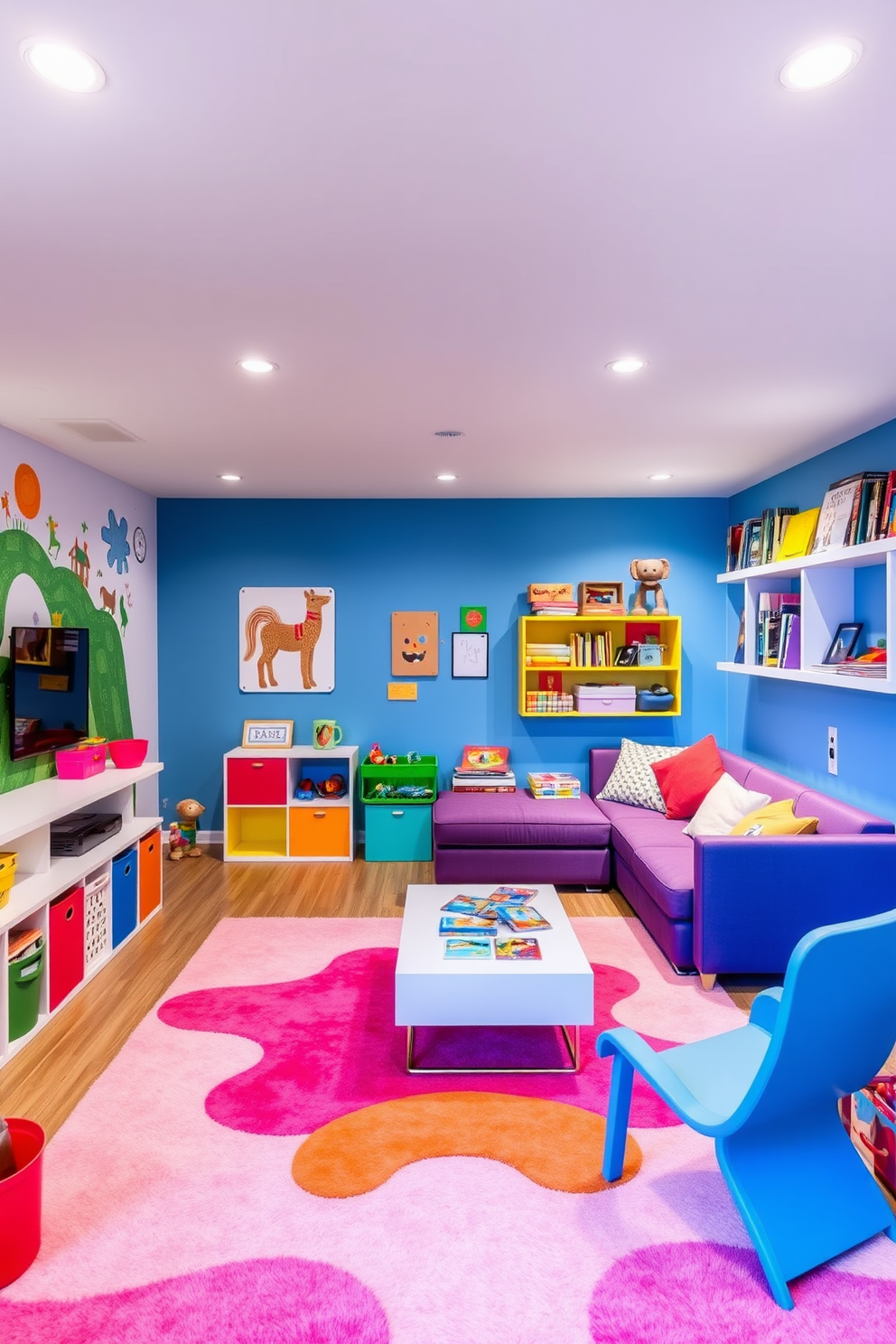 A bright playroom filled with colorful decor featuring a large plush rug in vibrant hues. The walls are adorned with playful murals and shelves overflowing with books and toys, creating an inviting and cheerful atmosphere. The basement design includes a cozy lounge area with a sectional sofa in bold colors and a sleek coffee table. Soft lighting fixtures and wall-mounted shelves showcase games and art supplies, making it a perfect retreat for family fun.