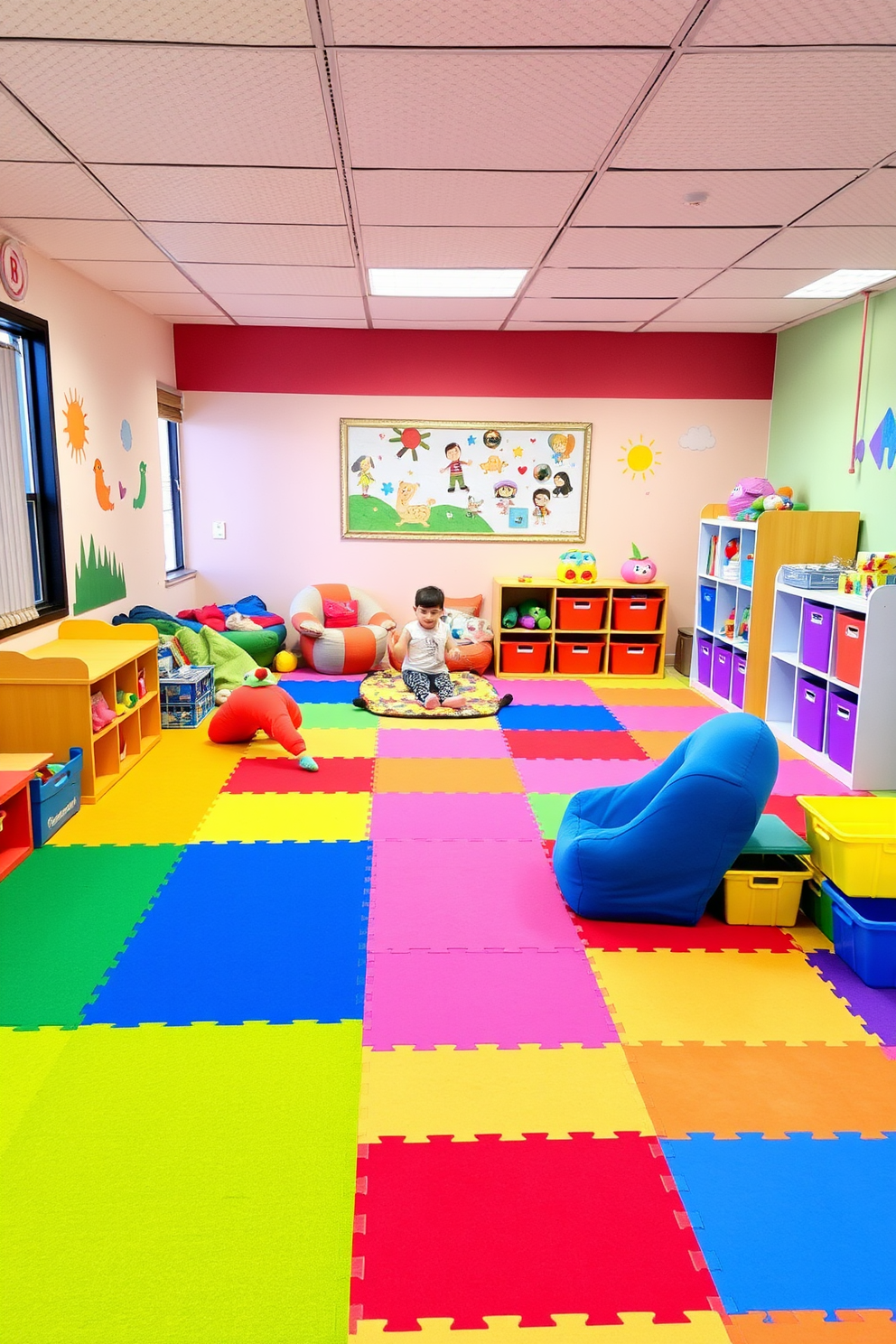 A vibrant kids zone filled with colorful play mats and soft flooring for safety and comfort. The space features playful wall art, a cozy reading nook with bean bags, and a variety of toys neatly organized in bright storage bins.