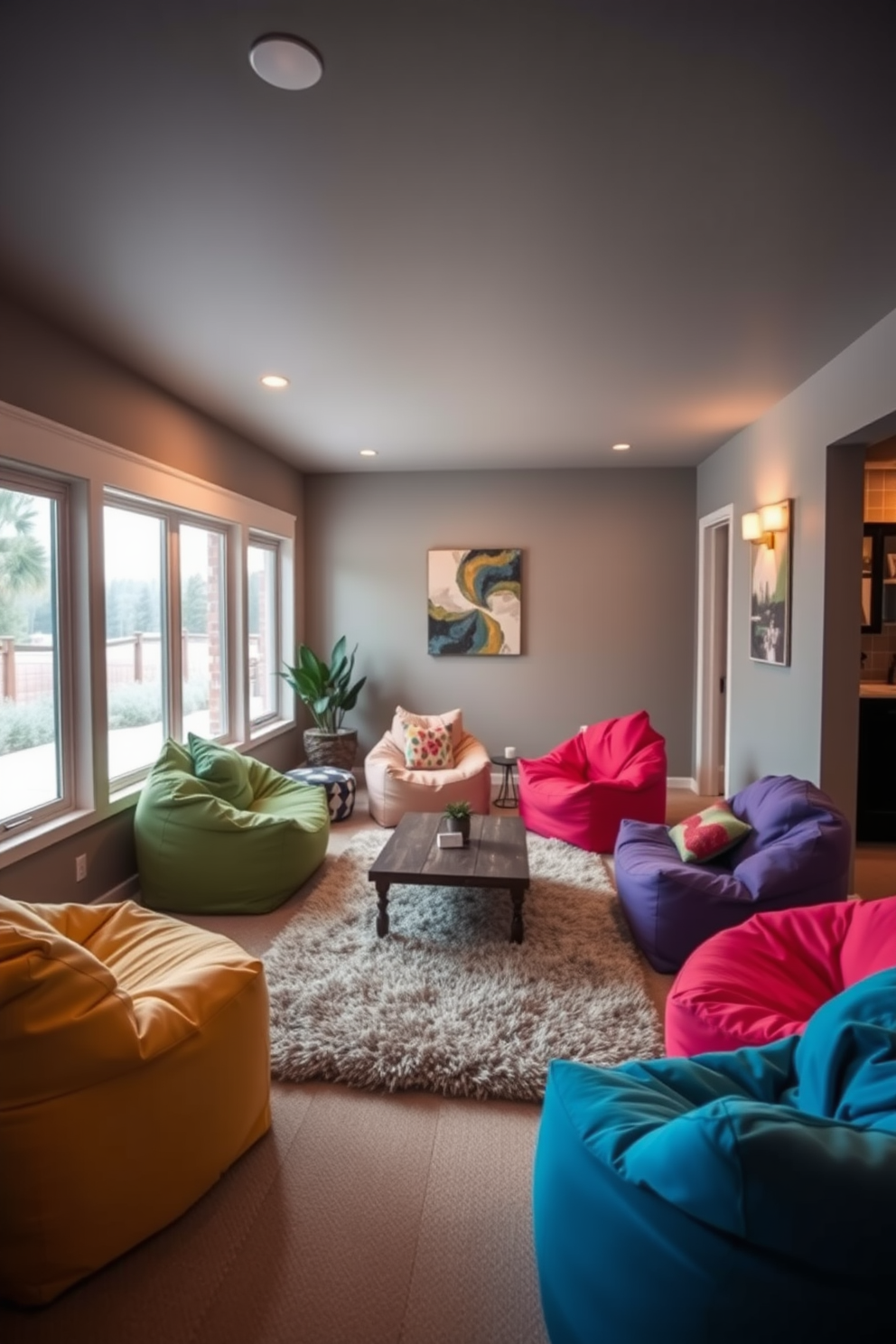 A cozy lounge area featuring colorful bean bags arranged around a low coffee table. The walls are painted in a soft gray, and warm lighting creates an inviting atmosphere. In the basement, large windows allow natural light to flood the space, enhancing the relaxed vibe. A plush area rug adds warmth to the floor, making it a perfect spot for gatherings.