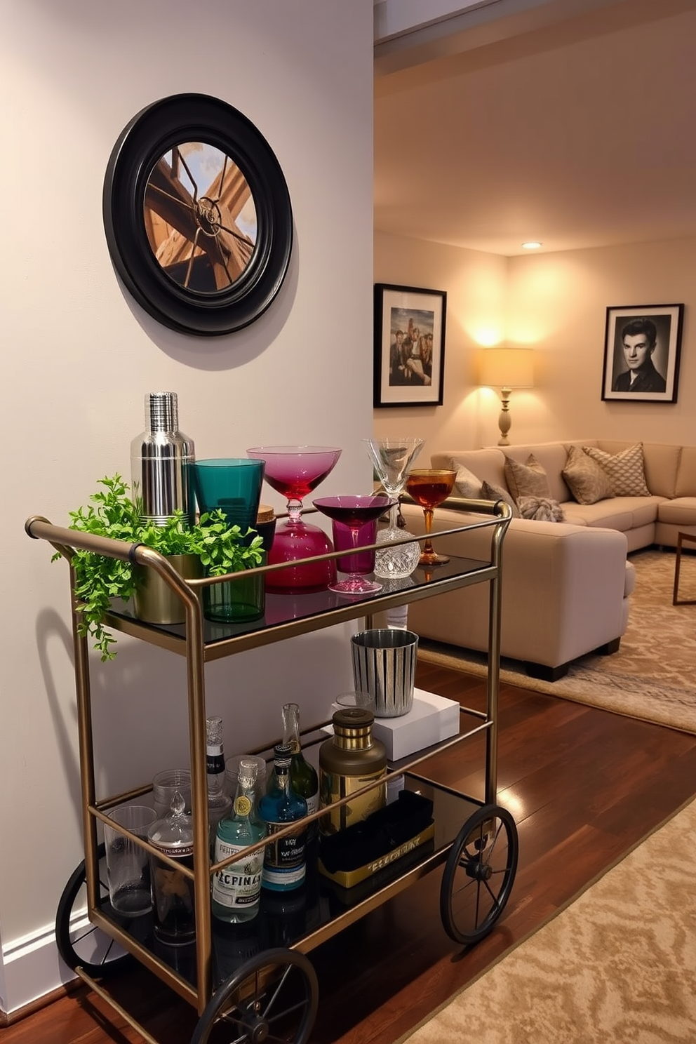 A trendy bar cart is styled with an assortment of colorful glassware and an elegant cocktail shaker. The cart is adorned with fresh herbs and a small ice bucket, creating a vibrant focal point for casual gatherings. The basement features a cozy lounge area with plush seating and warm lighting. A large area rug anchors the space, while framed artwork adds personality to the walls, making it an inviting retreat for entertaining.