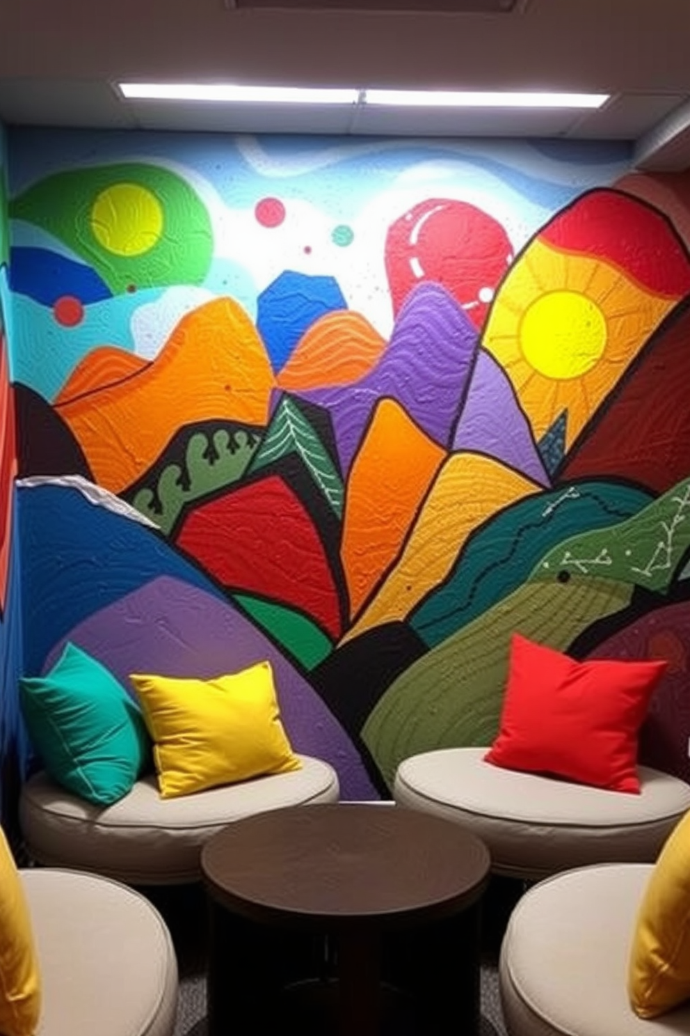 A vibrant mural that depicts an abstract landscape filled with bold colors and dynamic shapes. The mural serves as a focal point in the basement, enhancing the artistic atmosphere of the space. Cozy seating arrangements are placed around the mural, featuring plush cushions in complementary colors. Soft ambient lighting highlights the mural, creating an inviting and inspiring environment for relaxation and creativity.