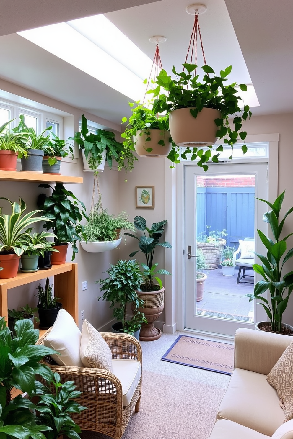 A charming indoor garden filled with lush greenery creates a serene atmosphere. The space features a variety of potted plants arranged on tiered wooden shelves, complemented by hanging planters that dangle from the ceiling. The basement design incorporates natural light through strategically placed windows and a glass door leading to a small outdoor area. Soft, earthy tones dominate the walls and furniture, enhancing the cozy and inviting feel of the space.