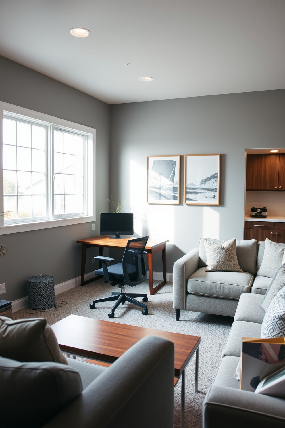 A stylish home office bathed in natural light features a sleek wooden desk positioned near a large window. The walls are painted in a soft gray, complemented by a comfortable ergonomic chair and tasteful artwork that inspires creativity. The basement design is an inviting space with a cozy lounge area furnished with plush sofas and a coffee table. Soft ambient lighting enhances the atmosphere, while a small kitchenette and a game corner add functionality and fun to the environment.