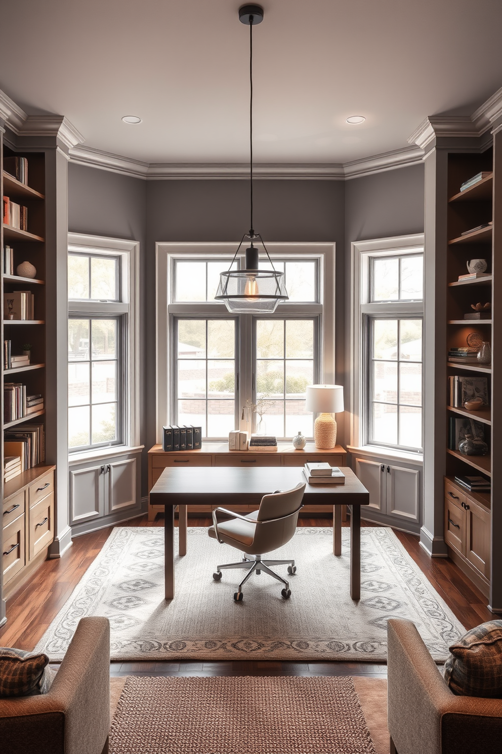 A sophisticated office space features custom built-in shelving that elegantly showcases books and decorative items. A large wooden desk sits in the center, paired with a plush ergonomic chair, and a stylish area rug anchors the space. The walls are painted in a soft gray hue, creating a calming atmosphere, while large windows allow natural light to flood the room. A modern pendant light hangs above the desk, adding a touch of sophistication to the overall design. For the basement design, envision a cozy lounge area with comfortable seating and a sleek bar. Warm lighting and textured wall finishes create an inviting ambiance, perfect for relaxation and entertainment.