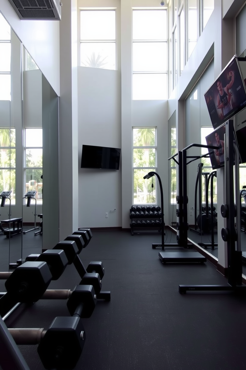 A functional gym with mirrored walls features a spacious layout that includes various workout stations and equipment. The flooring is made of durable rubber, and the walls are painted in a calming light gray shade to enhance focus during workouts. In one corner, there are free weights neatly organized on a rack, while the opposite wall showcases a wall-mounted TV for workout videos. Large windows allow natural light to flood the space, creating an inviting atmosphere for exercise.