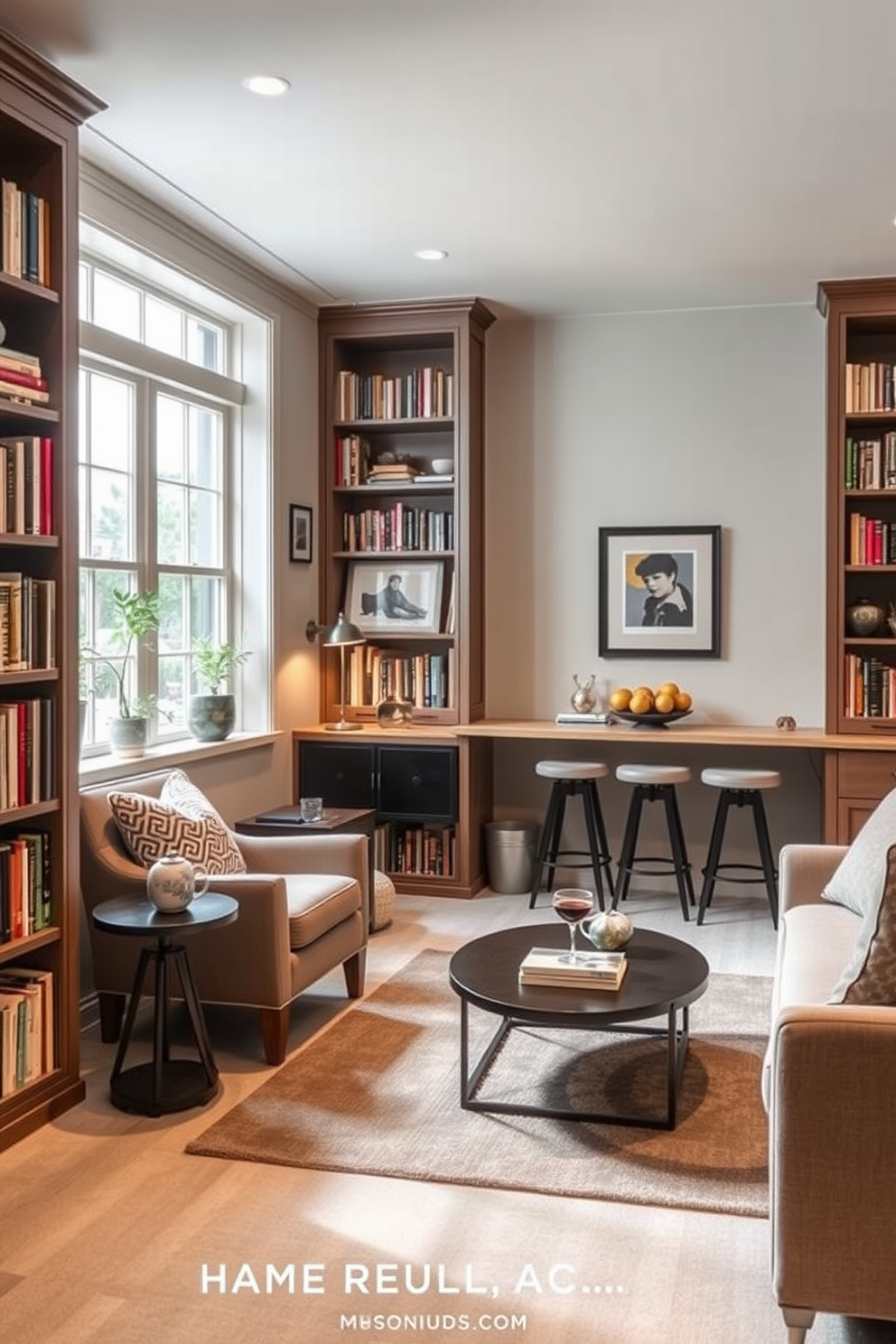 Charming reading nook with bookshelves. A cozy armchair is positioned next to a large window, allowing natural light to flood the space, while a small side table holds a steaming cup of tea. The walls are lined with built-in bookshelves filled with an eclectic collection of books and decorative items. A soft area rug anchors the seating area, creating an inviting atmosphere perfect for curling up with a good book. Basement Design Ideas. The basement features an open layout with a comfortable lounge area, complete with a sectional sofa and a modern coffee table. Soft lighting fixtures are strategically placed to enhance the ambiance, while a small wet bar with stylish stools invites entertaining guests.