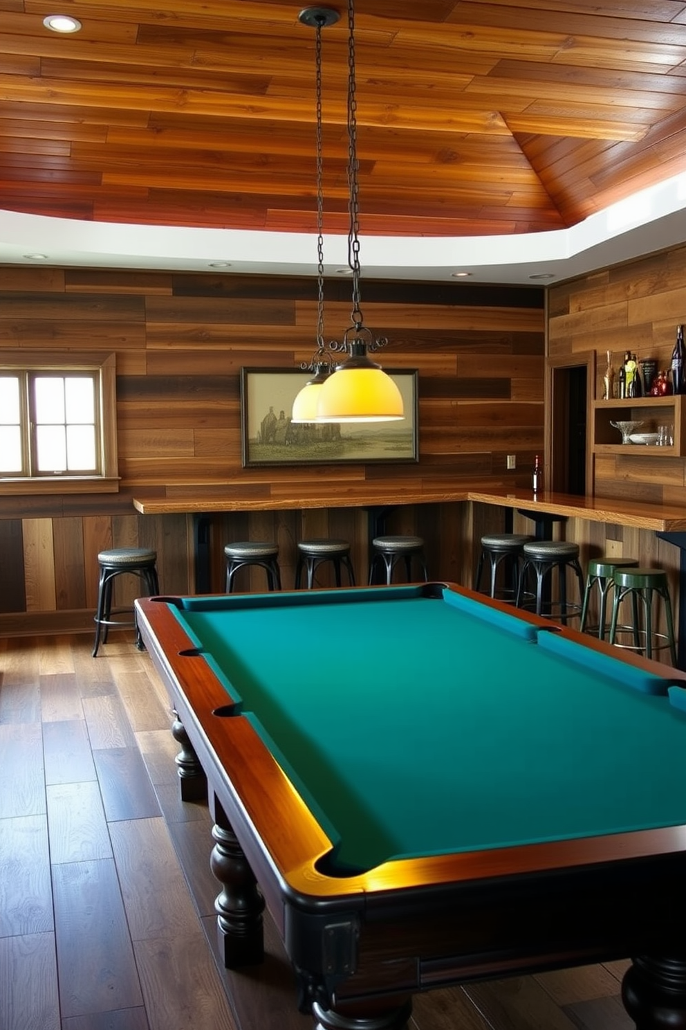 A rustic game room features a classic pool table as the centerpiece, surrounded by reclaimed wood walls that add warmth and character. Soft pendant lighting hangs above, casting a cozy glow over the space, while vintage bar stools line a nearby wooden bar area.