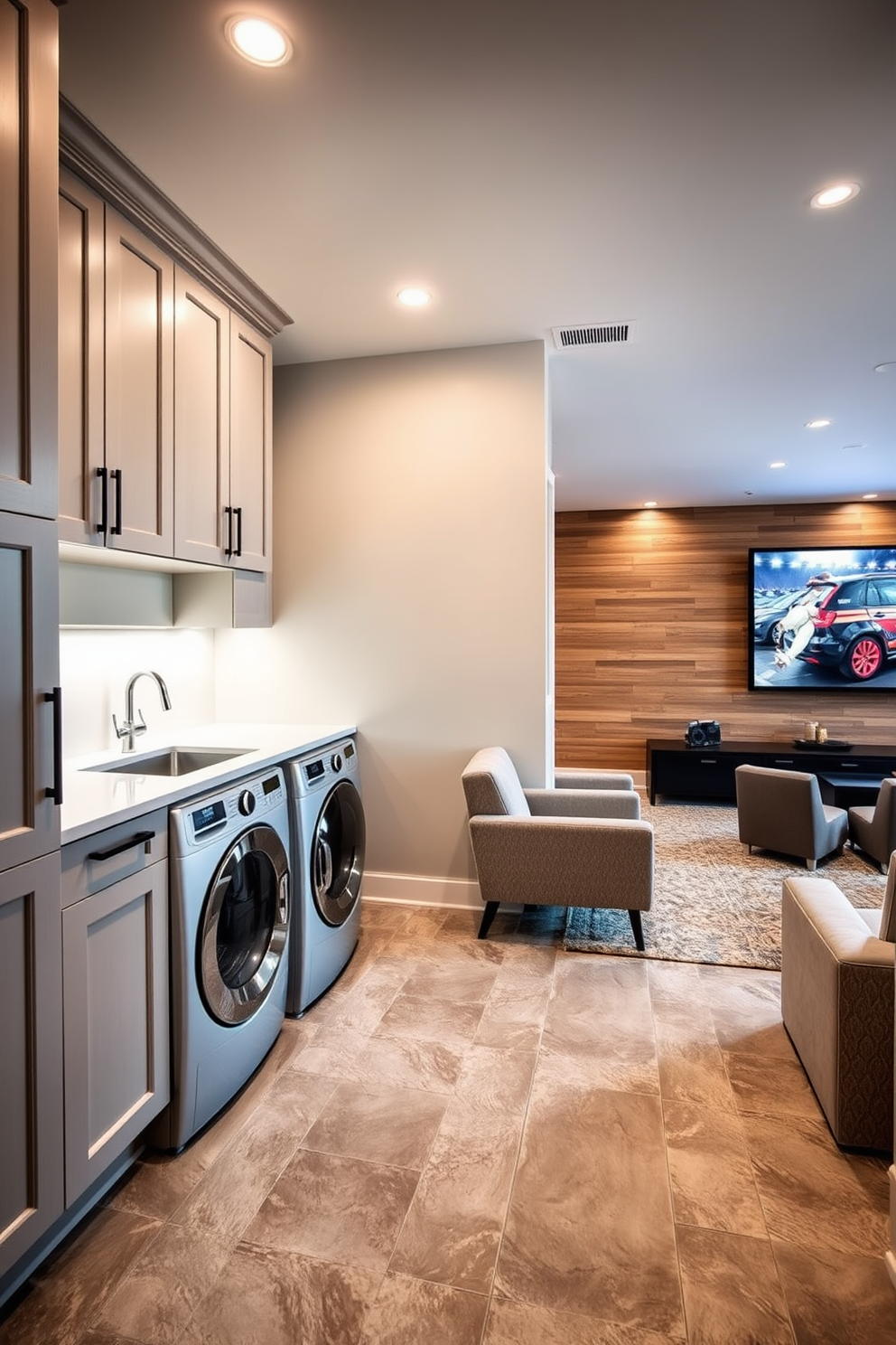 A modern laundry room featuring sleek cabinetry with ample organized storage. The walls are painted in a light gray hue, and the floor is adorned with large, textured tiles for easy cleaning. The space includes a stylish countertop for folding clothes and a utility sink for added convenience. Bright lighting illuminates the area, creating a cheerful and functional environment. For the basement design ideas, envision a cozy entertainment area with plush seating and a large screen for movie nights. The walls are finished with warm wood paneling, and soft ambient lighting enhances the inviting atmosphere.