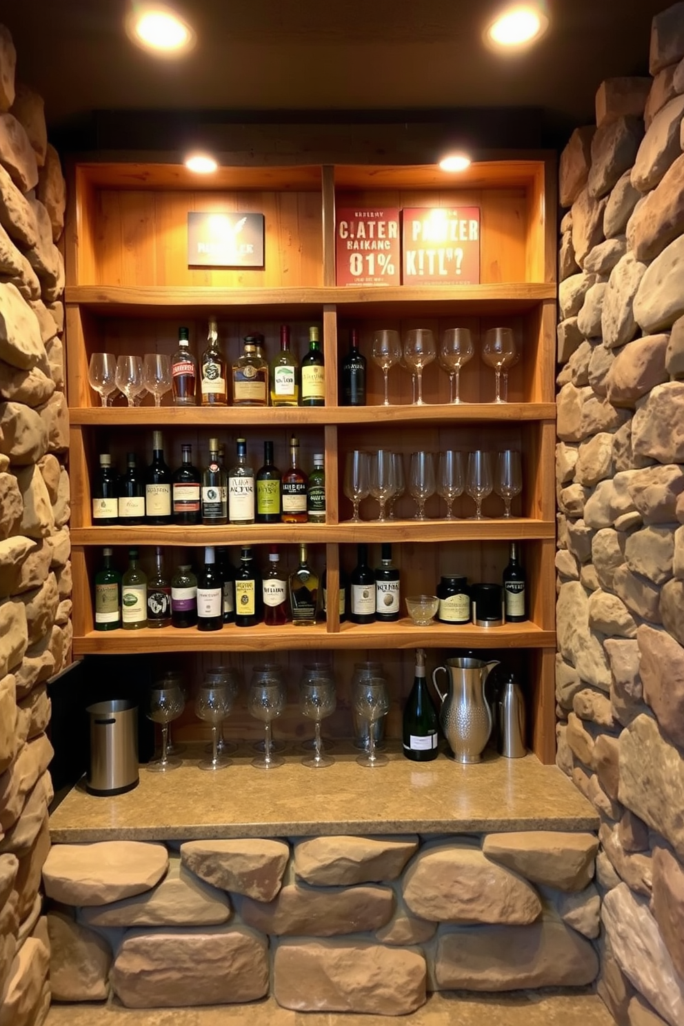 A cozy basement dry bar featuring rustic wooden shelves that showcase a variety of spirits and glassware. Stone accents surround the bar area, creating a warm and inviting atmosphere perfect for entertaining guests.