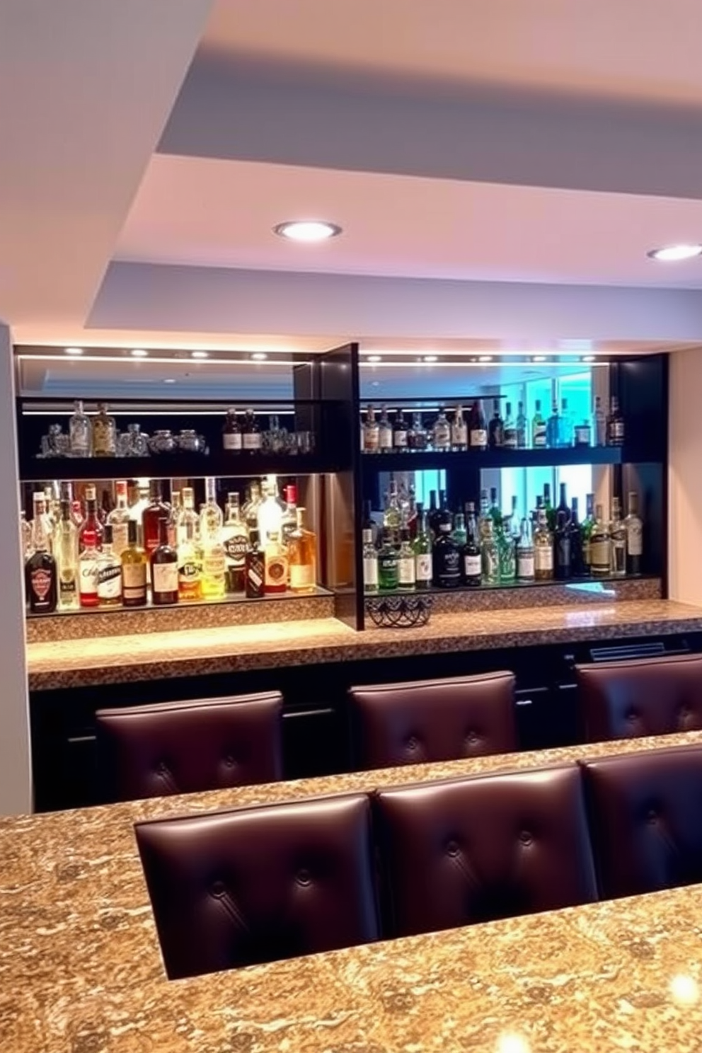 A sleek basement dry bar featuring a built-in wine fridge seamlessly integrated into the cabinetry. The bar is adorned with dark wood finishes, complemented by a polished granite countertop and stylish bar stools.