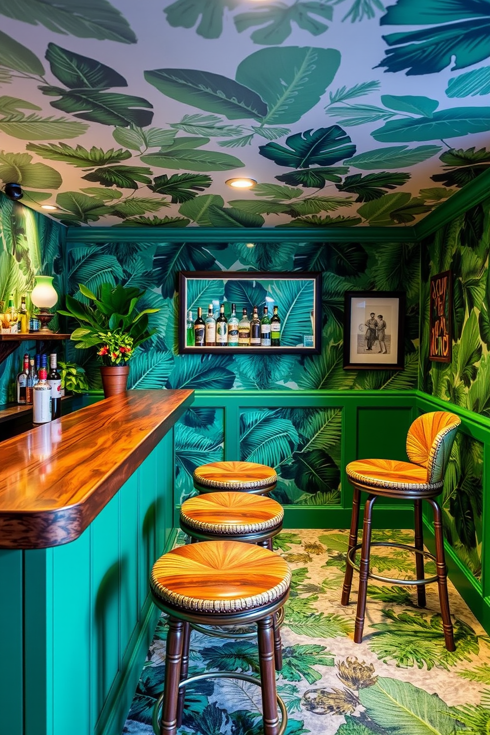 A vibrant tropical basement dry bar featuring lush palm leaf decor. The bar showcases a polished wooden countertop with tropical-themed bar stools, surrounded by vibrant green walls adorned with palm leaf wallpaper.