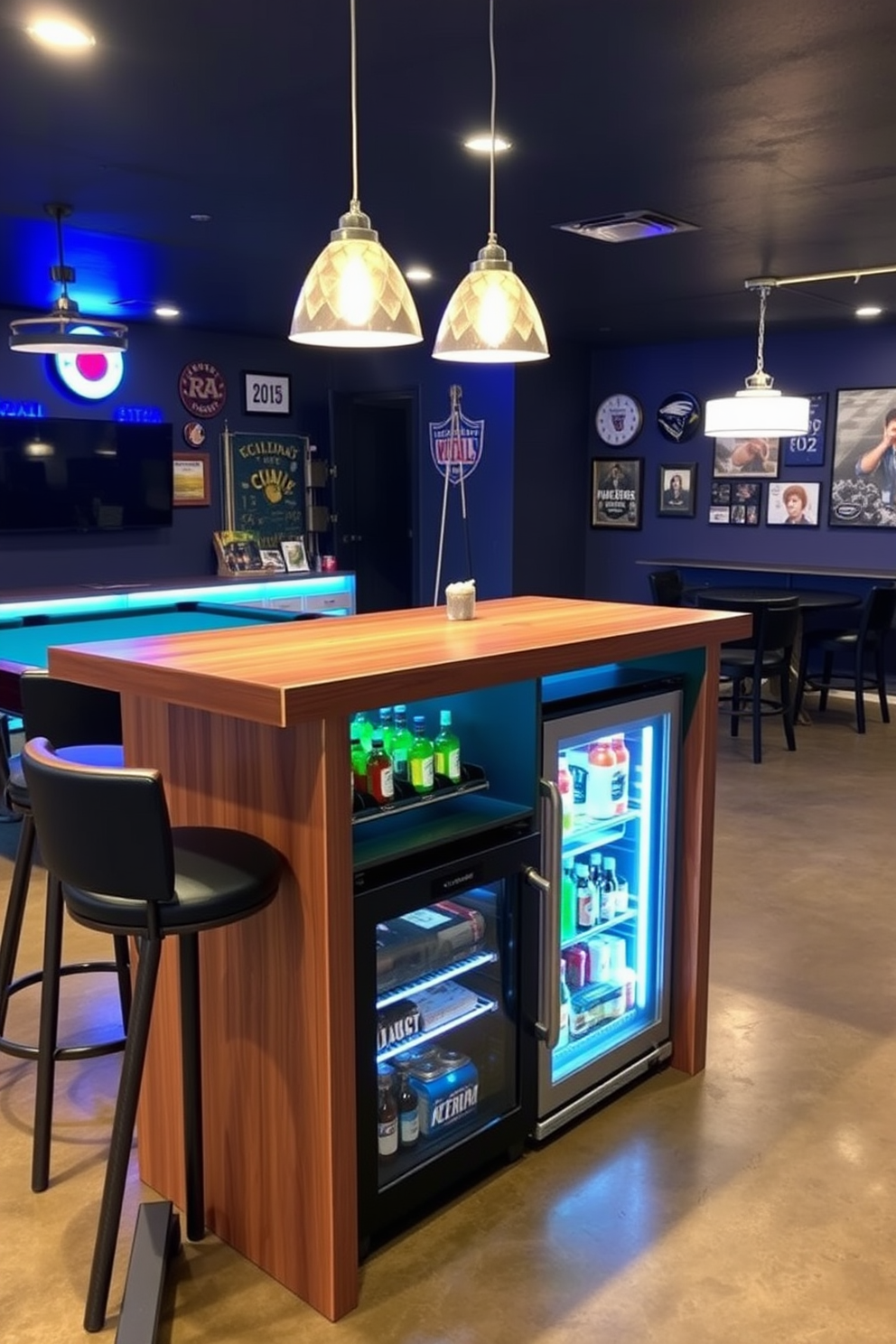 A stylish game room featuring a dedicated bar setup. The space includes a sleek wooden bar with high stools, a pool table, and ambient lighting that creates a cozy atmosphere. The walls are adorned with sports memorabilia and the floor is finished with polished concrete. A mini-fridge is built into the bar, stocked with drinks and snacks for guests to enjoy while playing games.