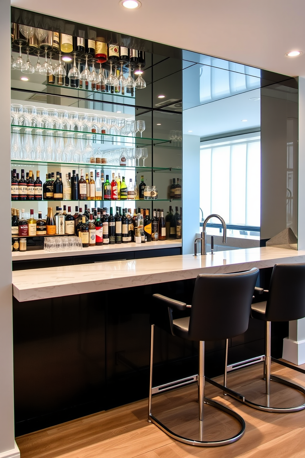 A stylish basement dry bar features floating shelves that elegantly display a variety of decorative bottles. The space is enhanced by soft ambient lighting and a sleek countertop that complements the overall design.