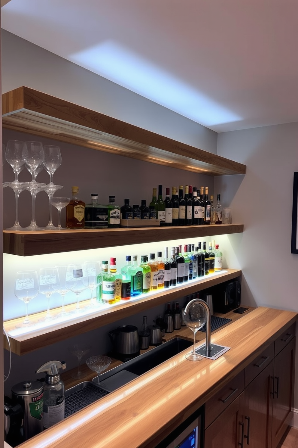 A modern basement dry bar features sleek floating shelves made of reclaimed wood, showcasing an array of premium spirits and elegant glassware. The bar area is illuminated by warm LED strip lighting, creating an inviting ambiance for entertaining guests.