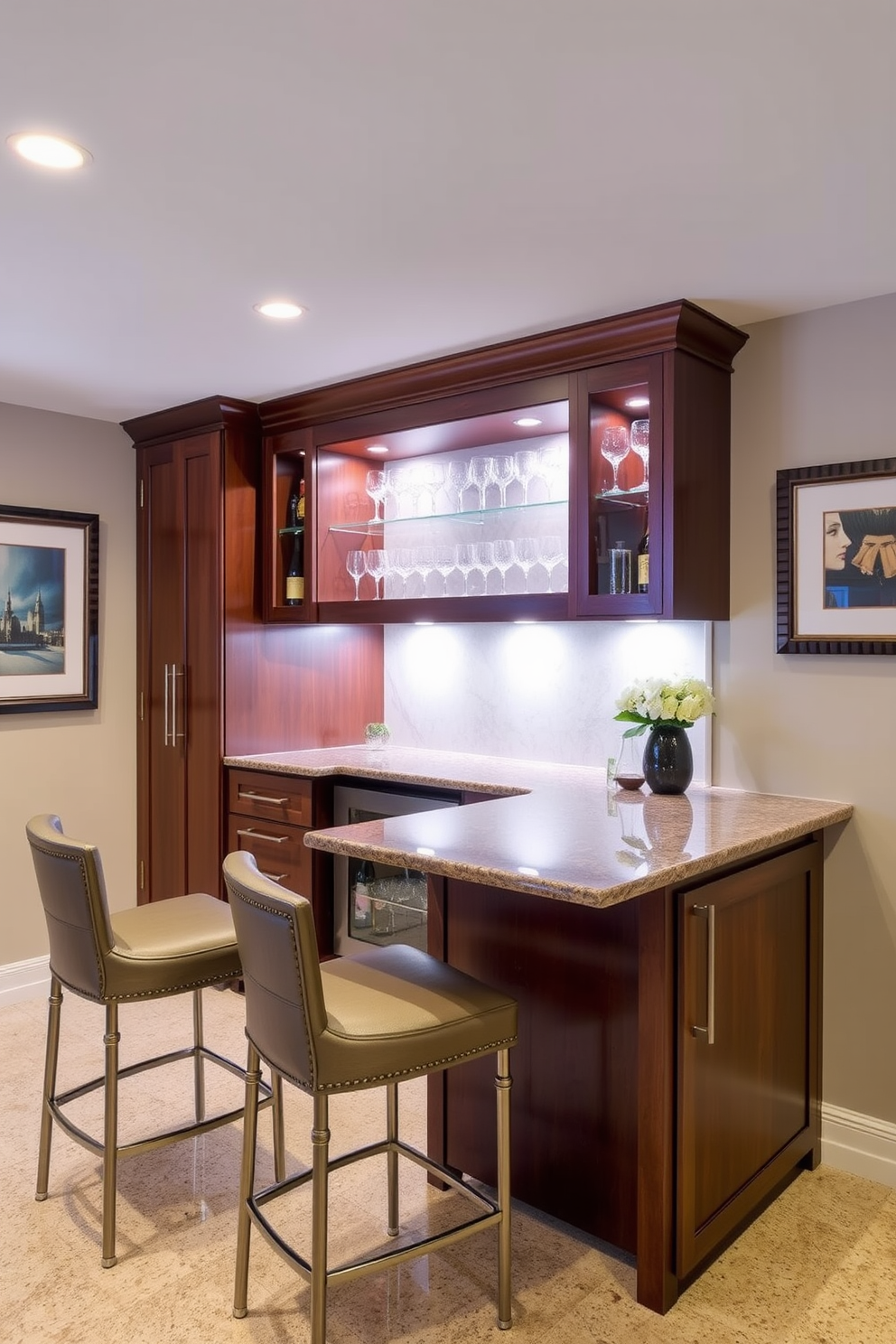 Custom cabinetry designed for a basement dry bar features sleek lines and a rich wood finish that complements the overall aesthetic of the space. The bar area includes built-in shelves for glassware and bottles, with under-cabinet lighting that creates a warm and inviting atmosphere. The countertop is crafted from polished granite, providing a durable and elegant surface for entertaining. A stylish bar stool arrangement encourages social interaction, while decorative elements like framed artwork and ambient lighting enhance the overall design.