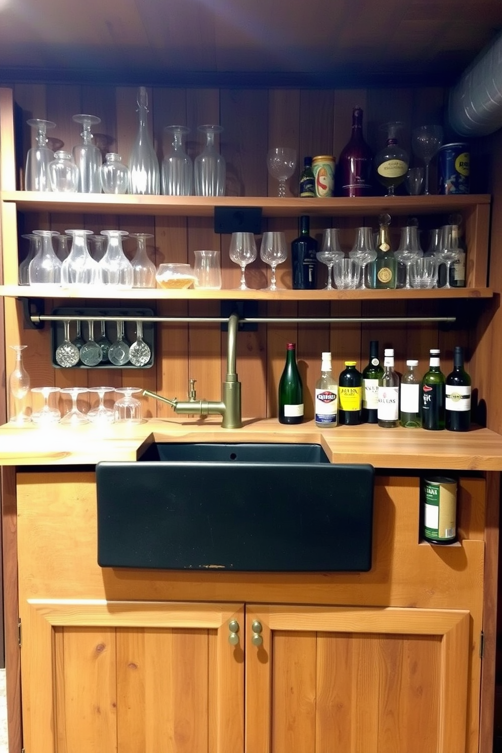 A cozy basement dry bar featuring a farmhouse sink with rustic charm. The bar is made of reclaimed wood, complemented by open shelving displaying an assortment of glassware and vintage bottles.