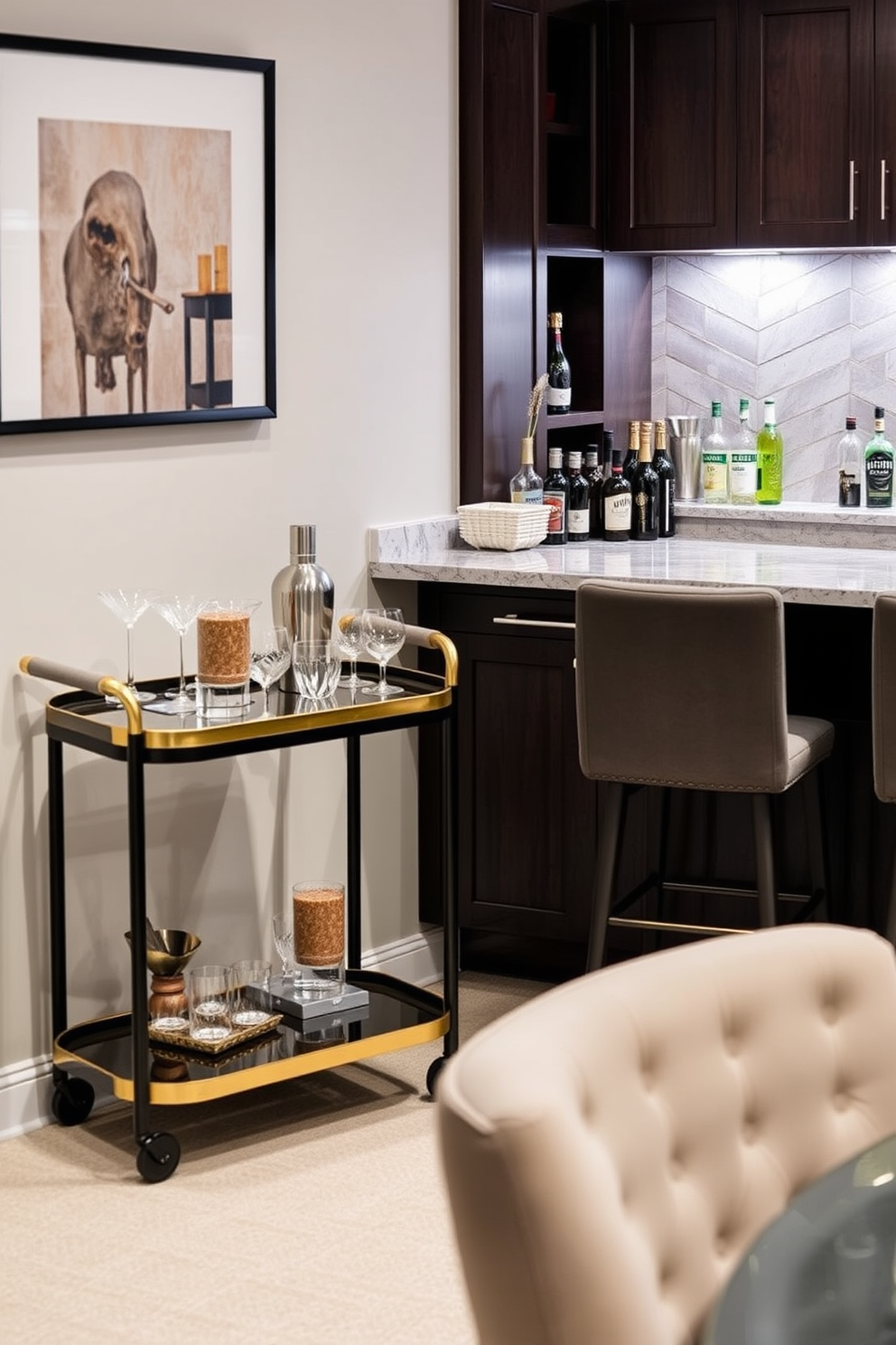 A stylish bar cart is positioned against the wall, featuring a sleek black finish with gold accents. It is adorned with an assortment of glassware, a shaker, and a selection of premium spirits, creating an inviting focal point for entertaining guests. The basement dry bar is designed with a modern aesthetic, showcasing a combination of dark wood cabinetry and elegant countertop lighting. Plush bar stools are arranged around the counter, providing a comfortable space for friends and family to gather and enjoy drinks together.