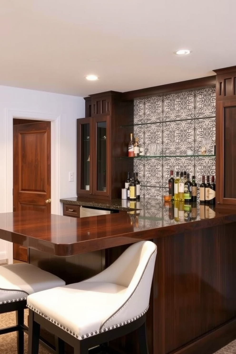 Chic tile backsplash featuring intricate geometric patterns adds a modern touch to the basement dry bar. The bar itself is made of rich dark wood with stylish bar stools and ambient lighting to create an inviting atmosphere.