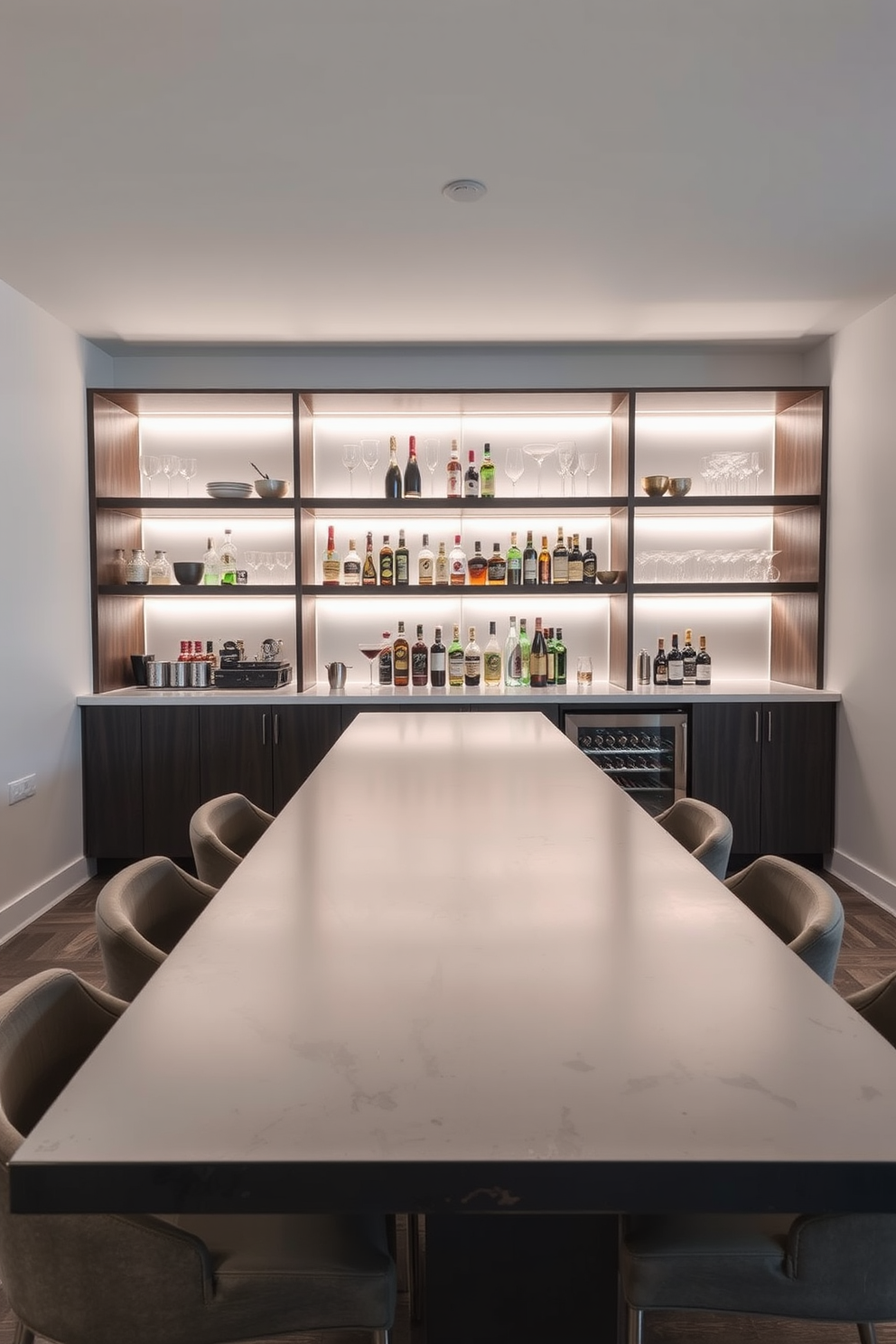 A sleek modern minimalist basement dry bar features a long, polished concrete countertop with integrated LED lighting underneath. The cabinetry is made of high-gloss white finish with minimalistic hardware, creating a seamless look against the soft gray walls. A stylish wine cooler is built into the cabinetry, showcasing an array of carefully arranged bottles. Above the bar, a statement pendant light adds a touch of elegance while maintaining the overall minimalist aesthetic.