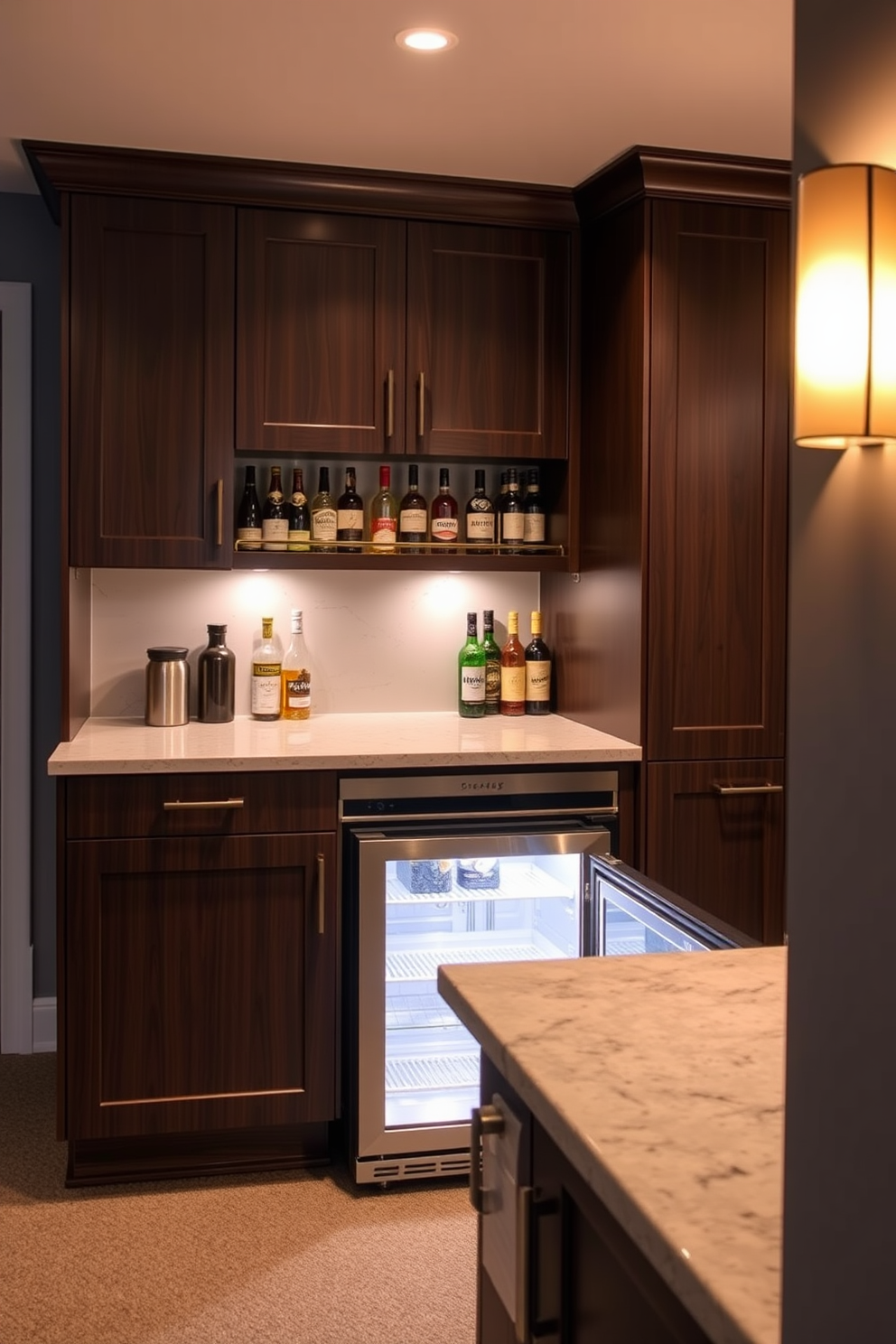 A sleek basement dry bar featuring smart technology for modern convenience. The bar is equipped with a touch-screen control panel for lighting and appliance management, seamlessly integrated into a minimalist design. The cabinetry showcases a combination of dark wood and glass, with an under-lit countertop that highlights the elegant barware. Smart refrigerators and wine coolers are built into the design, ensuring easy access to drinks while maintaining a clean aesthetic.