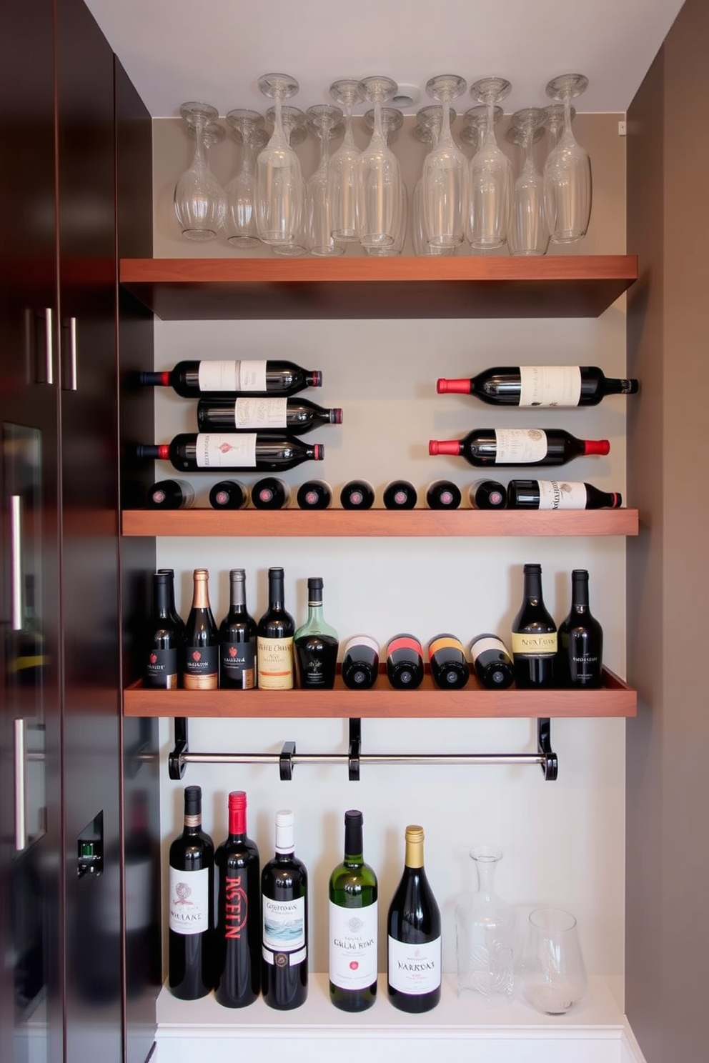 A stylish basement dry bar featuring wall-mounted wine racks for optimal organization. The design includes sleek wooden shelves that hold an array of wine bottles, complemented by elegant glassware displayed above.