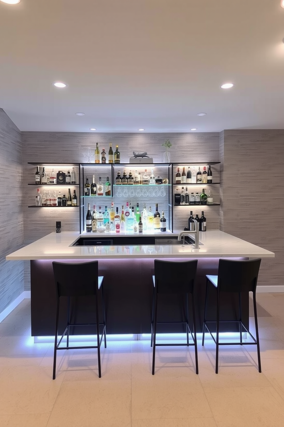 A stylish basement dry bar featuring a sleek countertop with LED lighting installed underneath to create a warm ambiance. The bar is complemented by high stools, modern shelving displaying an array of spirits, and a backdrop of textured wall panels for added depth.