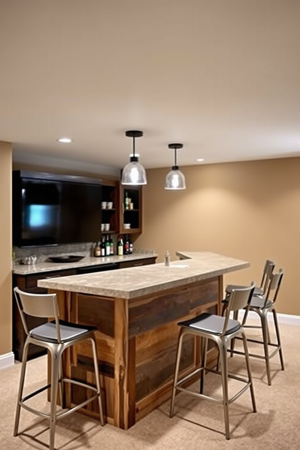 A stylish basement dry bar featuring neutral tones and natural materials. The bar is crafted from reclaimed wood with a smooth stone countertop, complemented by sleek metal bar stools. The walls are adorned with warm beige paint, creating a cozy atmosphere. Soft pendant lighting hangs above the bar, casting a gentle glow on the space.