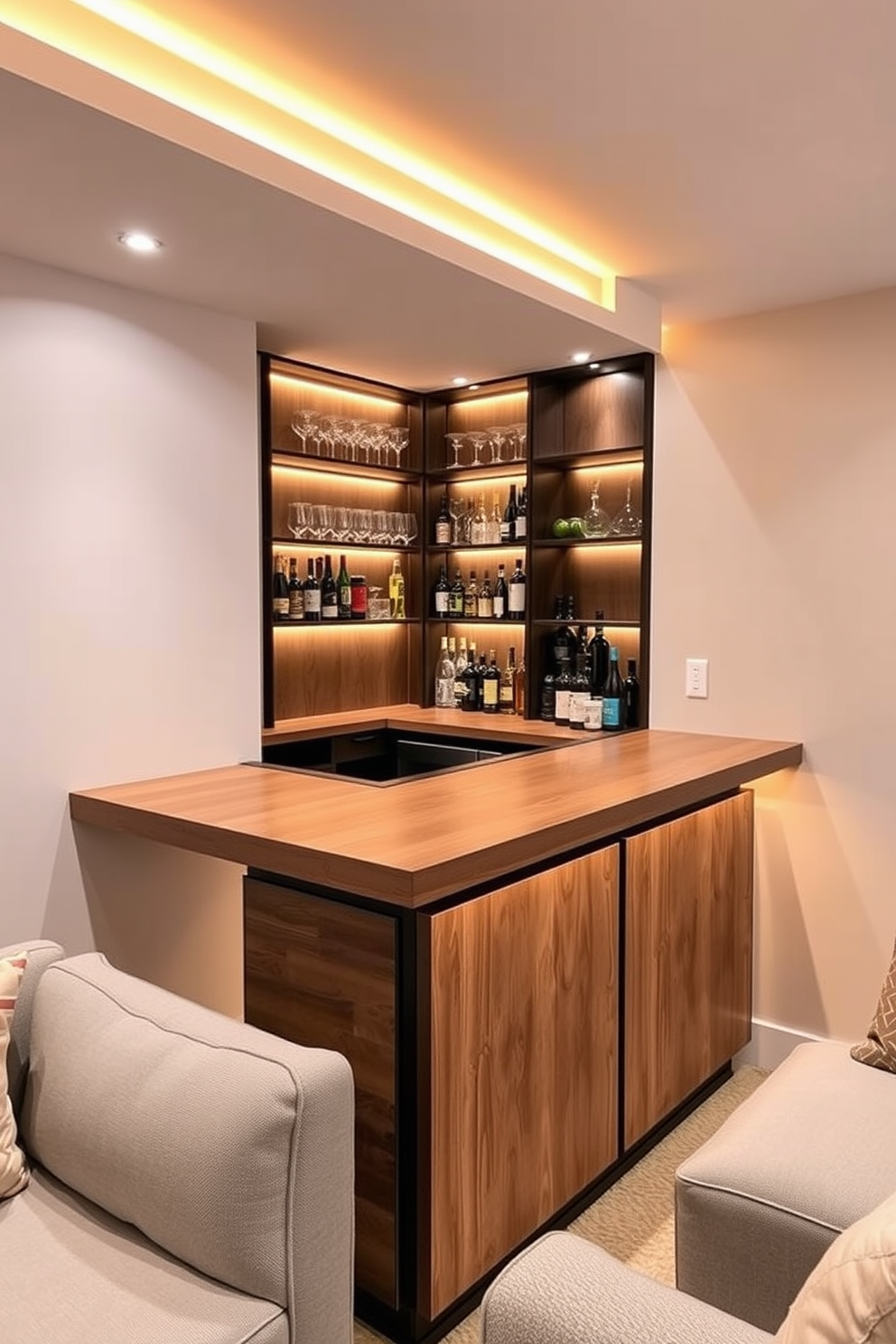 A stylish foldable bar is designed to maximize space in a basement setting. The bar features a sleek wooden surface that can be easily folded down when not in use, complemented by minimalist shelving for glassware and bottles. The surrounding area is illuminated with warm LED lights, creating an inviting atmosphere. Neutral-colored walls and plush seating enhance the comfort and functionality of this space-saving dry bar design.