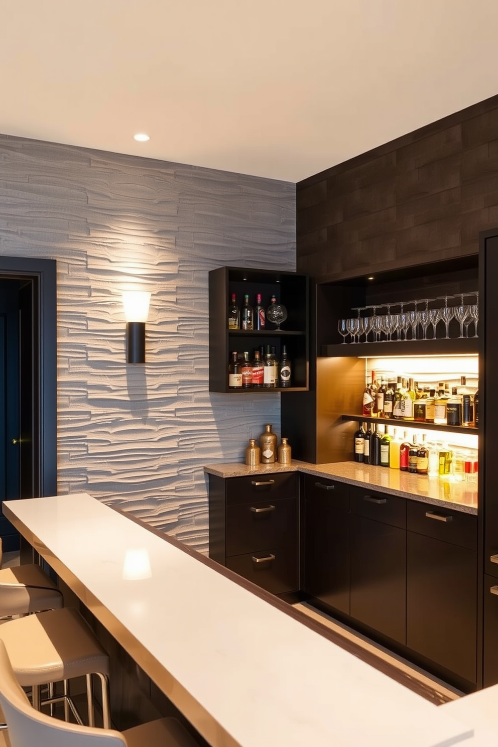 A stylish basement dry bar featuring a sleek beverage cooler for easy access. The bar area includes elegant shelving for glassware and a polished countertop made of dark granite.