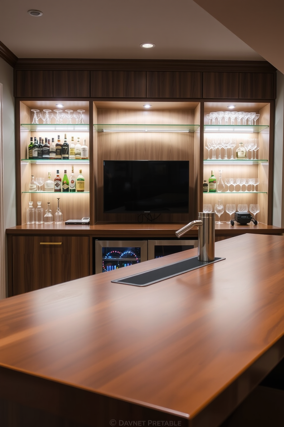 A sleek basement dry bar features a polished wooden countertop that seamlessly integrates an advanced sound system for an immersive entertainment experience. Behind the bar, custom cabinetry showcases a variety of spirits and glassware, while soft LED lighting highlights the elegant design.