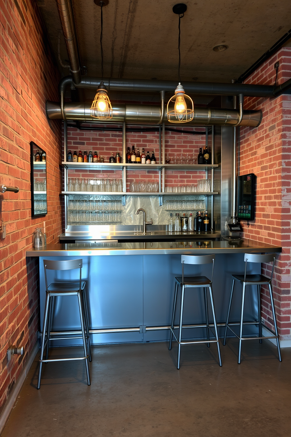 An industrial-style basement dry bar features exposed brick walls and polished concrete floors. The bar is equipped with metal fixtures, including a sleek stainless steel countertop and open shelving for displaying glassware. A row of high stools with metal frames lines the bar, providing a casual seating area. Ambient lighting hangs from industrial-style pendant lights, creating a warm and inviting atmosphere.