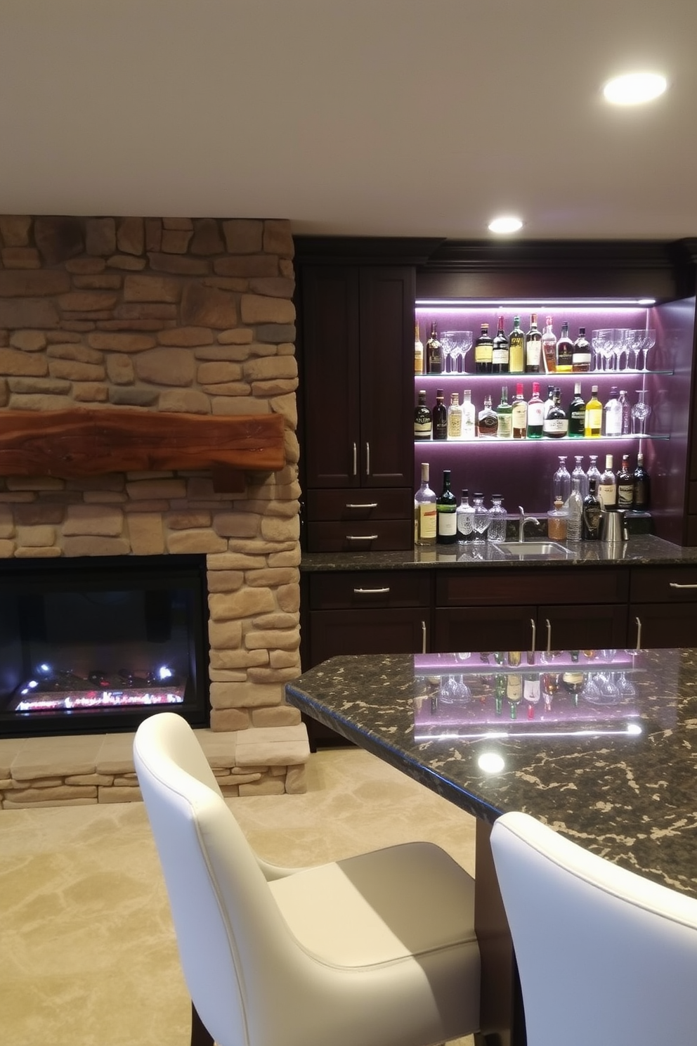 Cozy fireplace adjacent to bar area. The fireplace is made of natural stone with a rustic wooden mantel above it, providing warmth and ambiance to the basement space. The dry bar features sleek cabinetry with a dark wood finish, complemented by a polished granite countertop. Behind the bar, there are shelves displaying an array of spirits and glassware, illuminated by soft LED lighting.