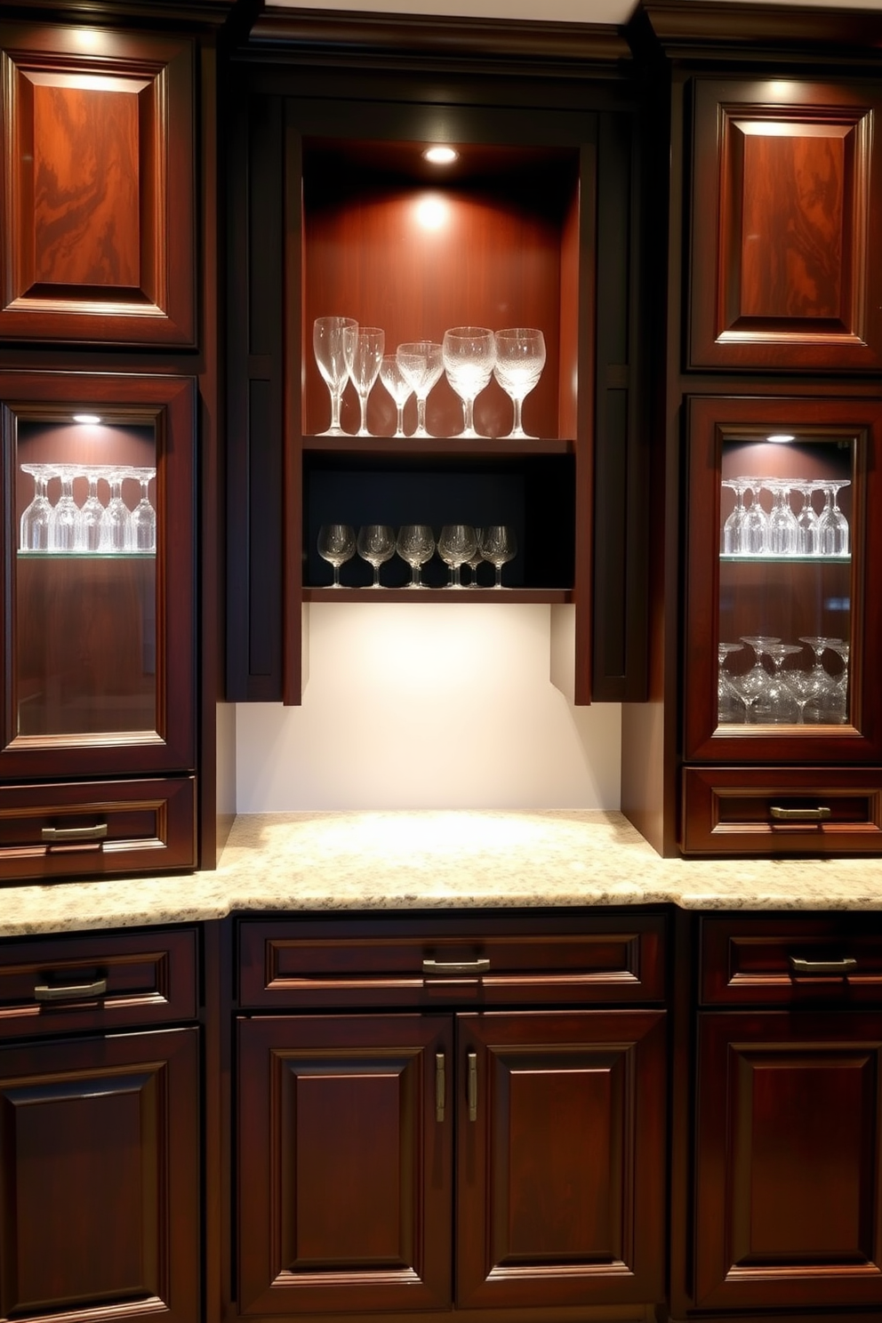 A stylish compact bar cart designed for small spaces. The cart features a sleek metallic frame with a glass top and two shelves for storing bottles and glassware. The basement dry bar includes a built-in wine cooler and a marble countertop for mixing drinks. Soft ambient lighting highlights the shelves filled with an array of spirits and mixers.