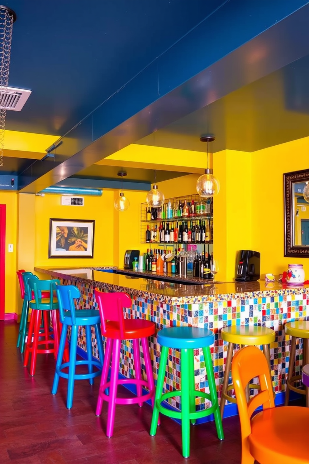 A lively basement dry bar featuring bright colors and vibrant bar stools. The walls are painted in a cheerful yellow, and the bar counter is adorned with a mosaic of colorful tiles.