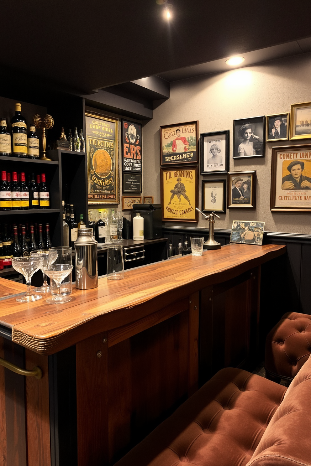 A chic basement dry bar featuring industrial style elements. The bar is constructed from reclaimed wood with metal accents and sleek black stools. Exposed piping and ductwork are visible on the ceiling, enhancing the industrial vibe. Soft pendant lighting hangs above the bar area, creating a warm and inviting atmosphere.