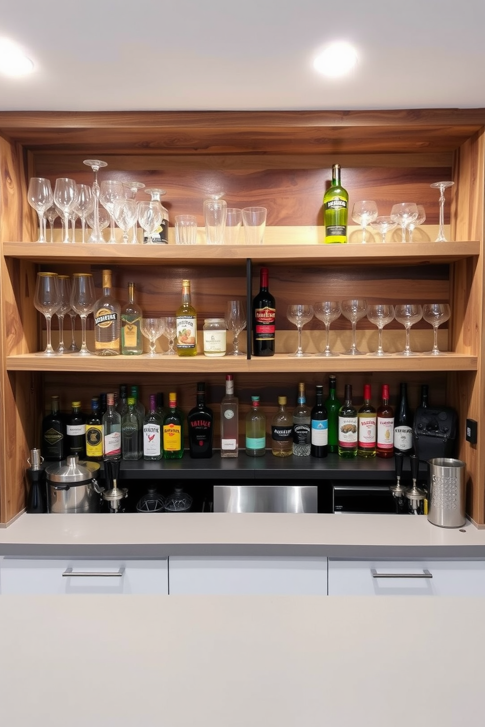 A stylish basement dry bar featuring open shelving for easy access to drinks. The shelves are made of reclaimed wood, displaying an array of glassware and colorful bottles, while a sleek countertop provides ample space for mixing cocktails.